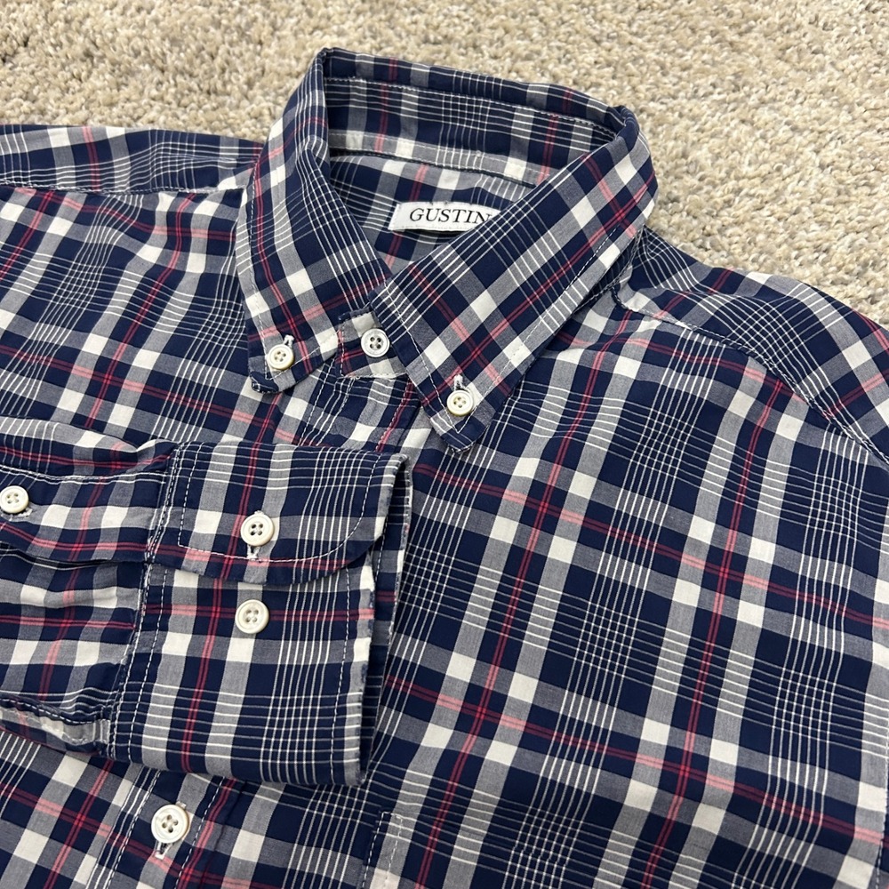 Gustin‎ Button Down Shirt Medium Tall MT Blue Plaid Long Sleeve Made in USA